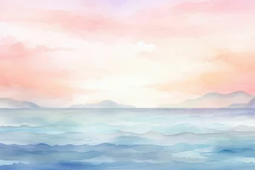 Fotobehang Watercolor Seascape Background: Tranquil Ocean Art with Beautiful Waves © Little