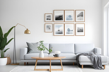 Six blank vertical photo frame mock up in scandinavian style living room interior.