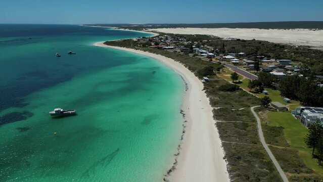 Beautiful turquoise ocean and white sandy beach on coastline of Lancelin - Australia. Aerial.
