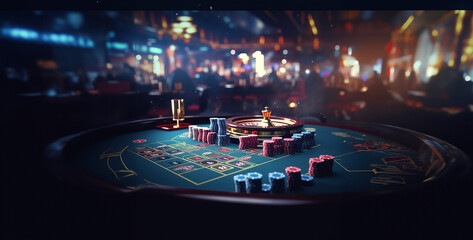 casino in the club, casino in the night, roulette wheel in casino, roulette table, table with the inscription Roulette Party in casino, 