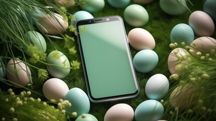Smartphone with blank screen and Easter eggs on grass
