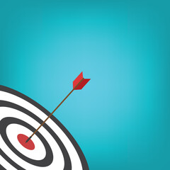 Red arrow hits the target center. Business challenge failure and success concept.	