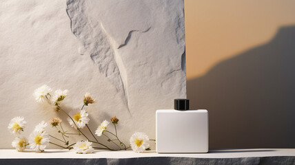 Bottle of perfume with flowers and stone on a clean minimal background