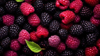 Organic raspberries and blackberries overhead view