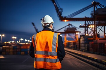 An operator standing at sea port full with cargo containers.