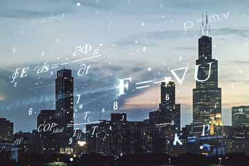 Fototapeta na wymiar Double exposure of scientific formula hologram on Chicago city skyscrapers background, research and development concept