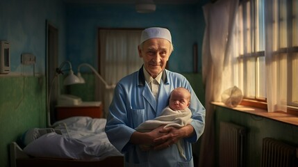An obstetrician holds a baby in her arms. International Day of the Midwife. An elderly male obstetrician hugs a newborn baby on a black background. Generative AI - obrazy, fototapety, plakaty