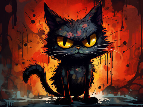 A Character Cartoon of a Cat on an Abstract Background with Thick Textures and Bold Colors