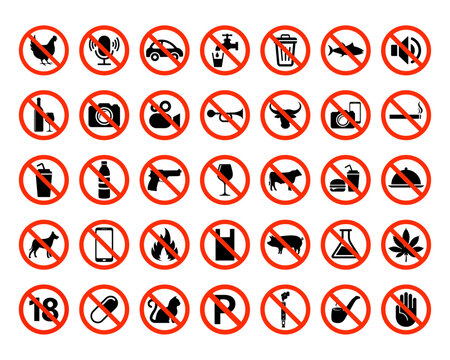 Prohibition signs, set vector illustration. Prohibition sign collection