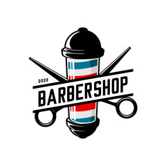 Barbershop pole and scissor logo - obrazy, fototapety, plakaty