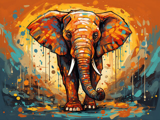 A Character Cartoon of an Elephant on an Abstract Background with Thick Textures and Bold Colors