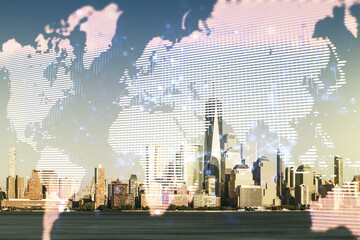 Multi exposure of abstract creative digital world map hologram on New York city skyscrapers...
