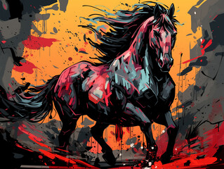 A Character Cartoon of a Horse on an Abstract Background with Thick Textures and Bold Colors