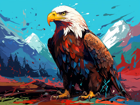 A Character Cartoon of an Eagle on an Abstract Background with Thick Textures and Bold Colors