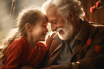 Happy elderly grandfather loves and cares for his granddaughter. Concept happy retirement lifestyle.