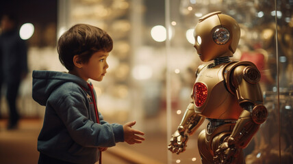 Young boy visiting a robot exhibition at a science museum