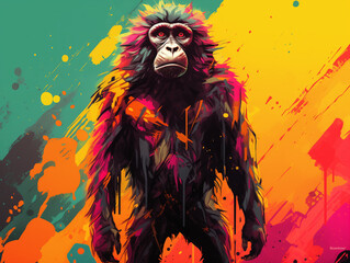 A Character Cartoon of a Baboon on an Abstract Background with Thick Textures and Bold Colors