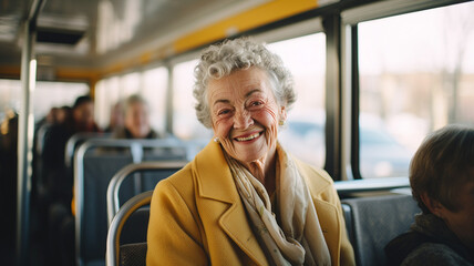 A happy senior woman traveling by bus - obrazy, fototapety, plakaty
