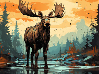 A Character Cartoon of a Moose on an Abstract Background with Thick Textures and Bold Colors