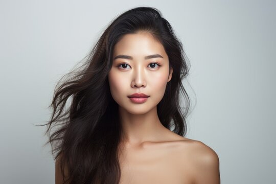 Picture of an attractive Asian woman with an expressive face, capturing attention on a white background. Generative AI