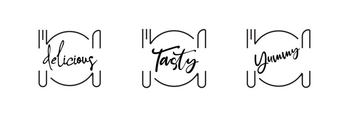 yummy tasty delicious sign on white background