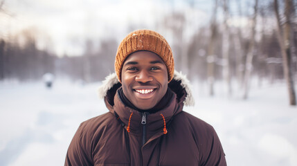 Fototapeta na wymiar Portrait of a young handsome smiling African American man in a jacket against the backdrop of a winter snowy landscape.