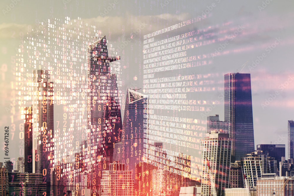 Poster abstract virtual code skull hologram on new york cityscape background, cybercrime and hacking concep
