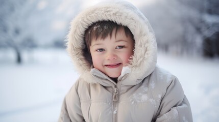 Obraz premium Portrait of a young, beautiful, smiling and happy child with Down syndrome in a jacket against the backdrop of a winter, snowy landscape.