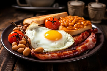 A full English breakfast, consisting of bacon, fried egg, sausage, mushrooms, baked beans, toast, hash brown and grilled tomatoes - obrazy, fototapety, plakaty