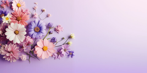 Beautiful flowers on lilac background. Banner for Easter, Women's Day, Mother's Day, Valentine's Day with a place for text.