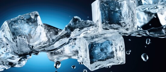 Crystal clear ice cubes and water splash.