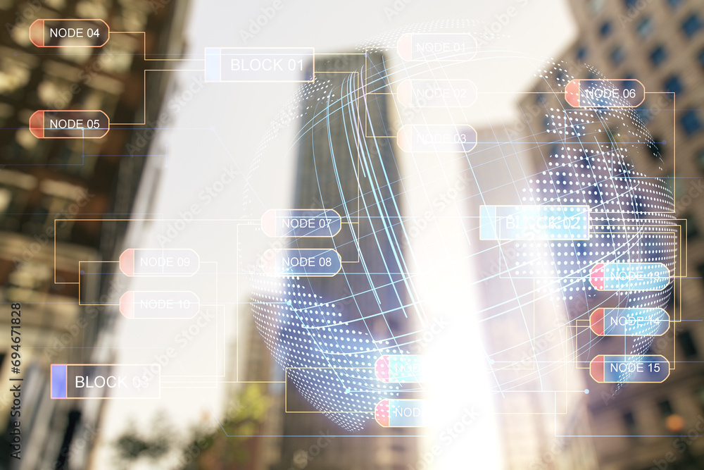 Poster multi exposure of abstract programming language hologram and world map on blurry cityscape backgroun
