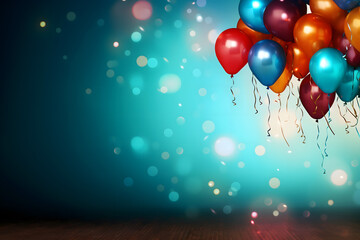 birthday party balloons, colourful balloons background and birthday cake with candles	
