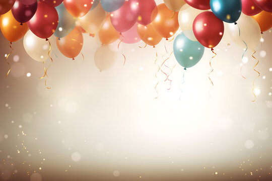 birthday party balloons, colourful balloons background and birthday cake with candles	