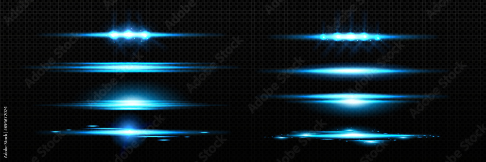 Aufkleber horizontal blue light line with fade effect. realistic vector illustration set of glow flare burst w