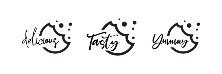 yummy tasty delicious sign on white background