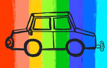 カラフルな虹色をバックにした自動車イラスト