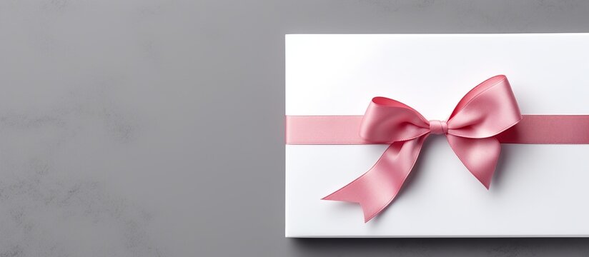 Blank white gift voucher with pink ribbon isolated on gray background