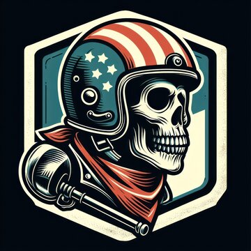 illustration of skull biker in shield, vintage logo style, ai generate