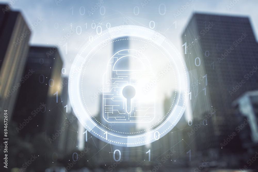 Aufkleber double exposure of virtual creative lock hologram with chip on modern skyscrapers background. inform