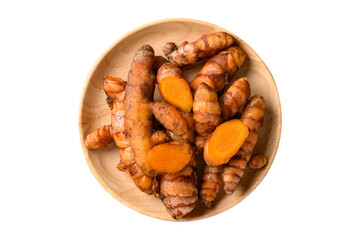 Fresh turmeric in wooden bowl, top view