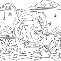 Dolphins in the sky line art design.