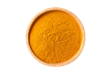Turmeric powder in wooden bowl, top view