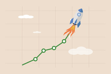 Stock trading or crypto prices rise high into the sky, the value of crypto currency soars skyrocketing, get rich or make investment profits, stocks skyrocket.