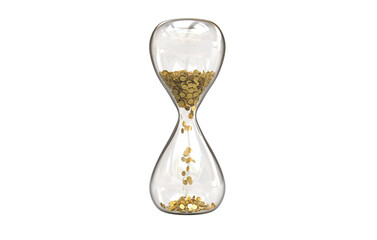 Gold coin in the hourglass, Time is money concept on transparent background, PNG file