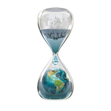 Earth planet in hourglass, Global warming concept on transparent background, PNG file