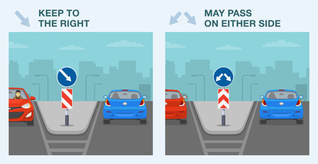 Safe driving tips and traffic regulation rules. Differences between european "keep right" and "pass on either side" sign. Flat vector illustration template.