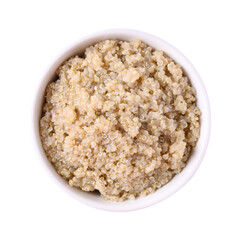Cooked brown quinoa seeds in bowl, top view