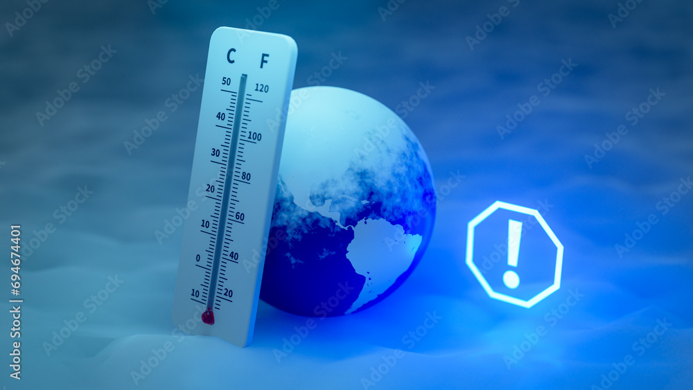 Poster The entire planet is experiencing low temperatures due to record-breaking cold weather., 3d rendering