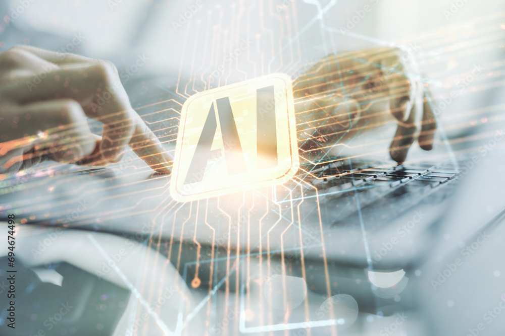 Poster double exposure of creative artificial intelligence icon with hands typing on laptop on background. 